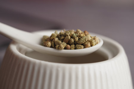 Dried herbal seeds in a white ceramic spoonの写真素材