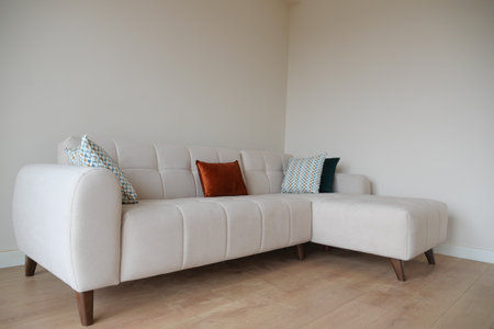 Elegant modern sofa with decorative cushions in bright interior spaceの写真素材