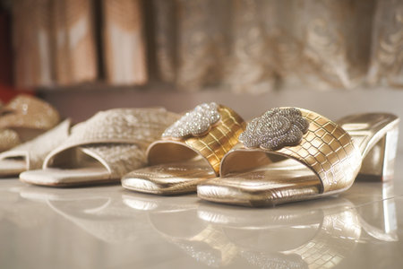 Elegant golden and silver sandals displayed in a boutique settingの写真素材
