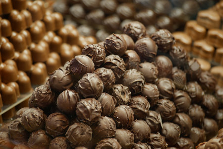 Delicious assortment of chocolate truffles in a candy shop displayの写真素材