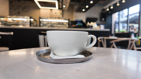 Coffee cup on a table in a modern cafe setting with soft lightingの写真素材
