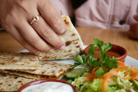 Turkish pancake gozleme on a plateの写真素材