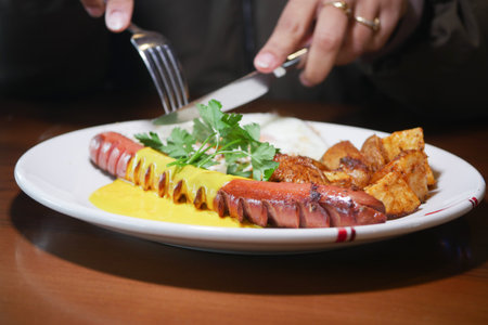 Delicious meal featuring sausage, potato, and herbs at a dining tableの写真素材