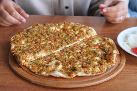 Traditional turkish minced beef meat pizza pita bread lahmacuの写真素材