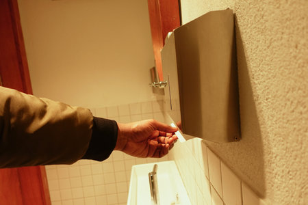 User retrieving paper towel from dispenser in public restroomの写真素材