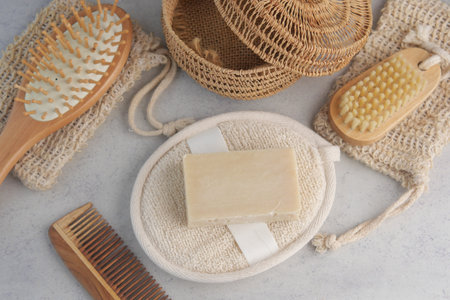 Natural beauty products arranged on a soft surface for self-careの写真素材