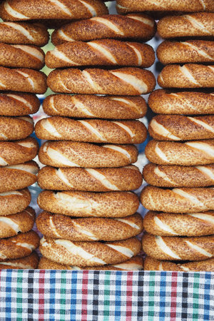 Freshly baked simit stack upの写真素材