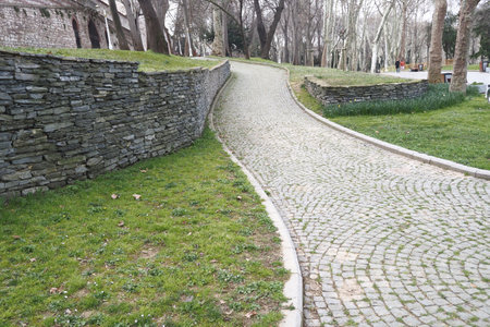 Curved cobblestone pathway in a tranquil park settingの写真素材