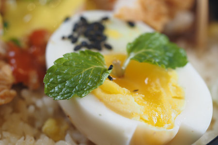 Delicious halved egg garnished with mint leaves and spicesの写真素材