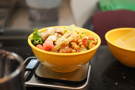 Vibrant salad bowl with assorted vegetables and protein on a scaleの写真素材