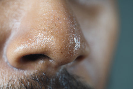 Close-up view of a nose with moisture on the skin surfaceの写真素材