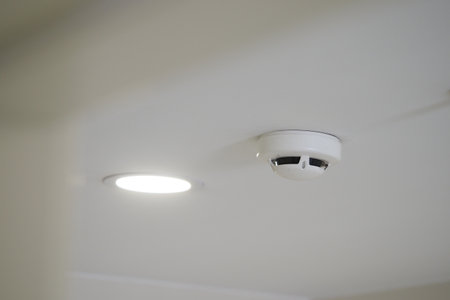 Smoke detector and ceiling light installed in modern roomの写真素材