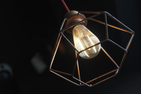 Stylish exposed light bulb in a modern geometric fixtureの写真素材