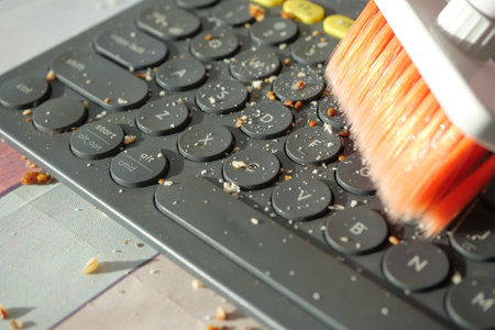 Brushing crumbs away from a wireless keyboard while cleaning at homeの写真素材