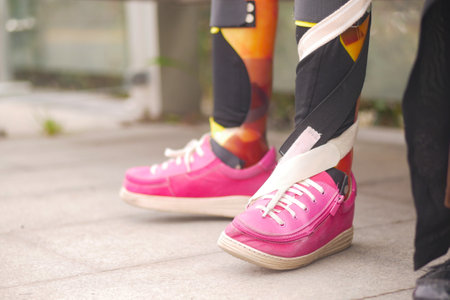 cerebral palsy child wearing leg brace for mobility.,の写真素材