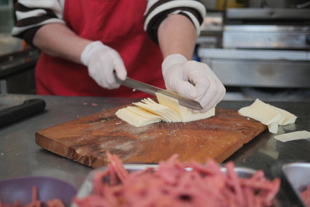 Chef preparing cheese slices in a busy kitchenの写真素材