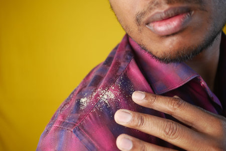 dandruff on person shoulder on his shirt closeup