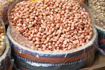 Pistachios in a woven basket from a local market