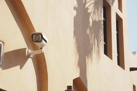 Security camera mounted on a stucco building exterior