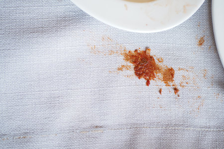 Stain on a tablecloth from spilled food or sauceの写真素材