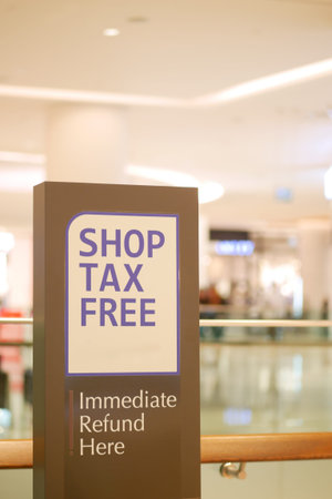 Sign promoting tax-free shopping in a retail center