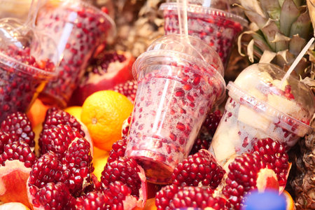 Pomegranate and orange fruit drinks on displayの写真素材