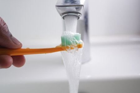 Brushing teeth at a bathroom sink with flowing waterの写真素材