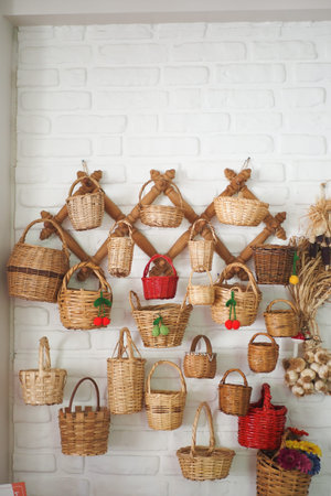 Decorative wall display of handcrafted wicker basketsの写真素材