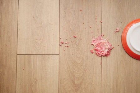 Food spill on wooden floor creates a messy cleanupの写真素材