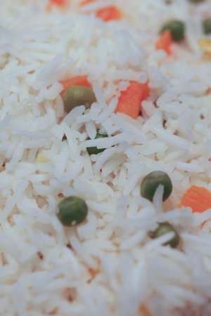 Colorful vegetable rice dish served in a bowlの写真素材