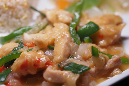 Delicious chicken stir-fry with vegetables on a plateの写真素材