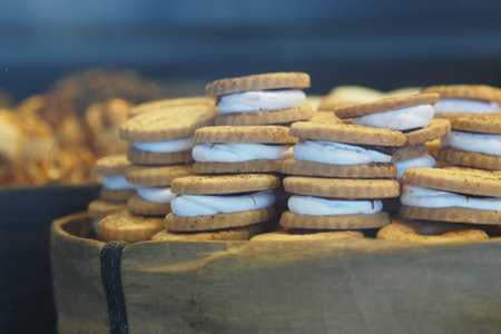Cookies stacked in a basket at a local market