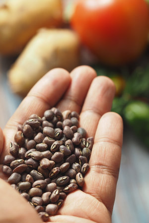 Hand holding fresh beans with vegetables and spices nearbyの写真素材