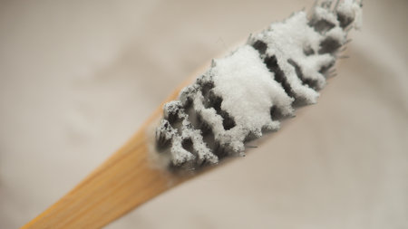 Cleaning teeth with a bamboo toothbrush and powderの写真素材