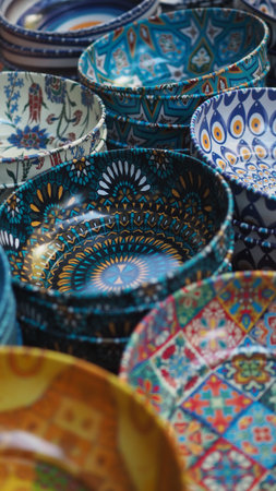 Colorful ceramic bowls displayed at a marketの写真素材