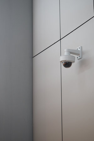 Indoor surveillance camera mounted on a modern wall designの写真素材