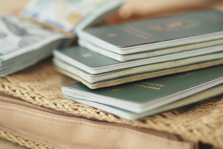 Passports and stacks of cash placed on a travel bag, ready for an adventure.の写真素材