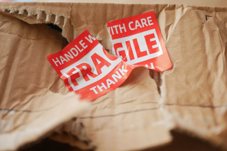 Delivery box damaged with fragile stickers at homeの写真素材