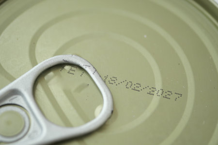 Can lid with pull tab showing expiration date markingsの写真素材