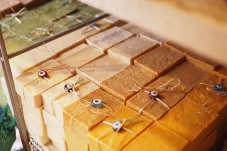 Handmade soap bars displayed at local market stallの写真素材