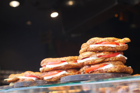 Delicious sandwiches stacked for display at a bustling cafe