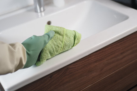 Cleaning the bathroom sink with a green clothの写真素材