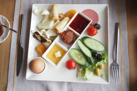 turkish Breakfast platter featuring a variety of fresh ingredientsの写真素材