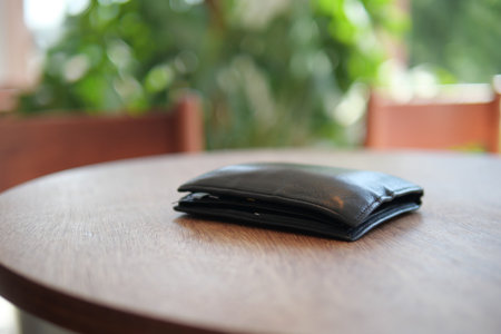 Black wallet resting on wooden table in bright cafeの写真素材