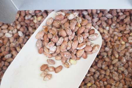 Fresh dried peanuts displayed in a market settingの写真素材