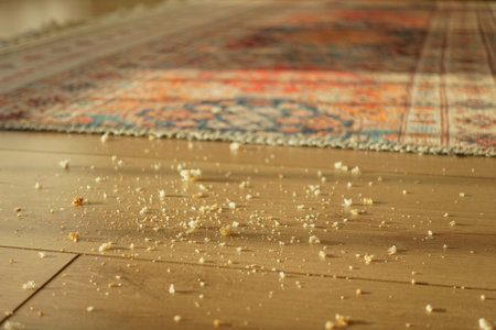 Crumbs lie scattered on a wooden floor, dirty floor conceptの写真素材