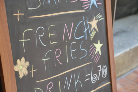 Signboard showcasing a snack menu at a local eateryの写真素材