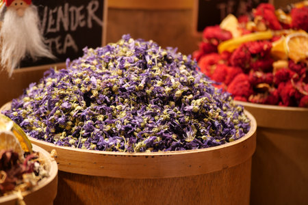 Lavender tea displayed at a herbal market standの写真素材