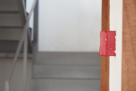 Red fire alarm box near staircase in building corridorの写真素材