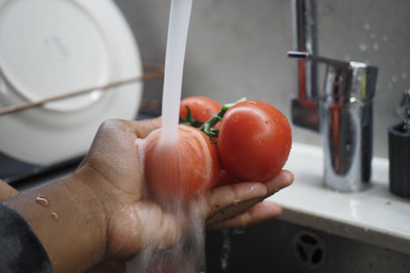 Fresh tomatoes being washed in the kitchen sinkの写真素材